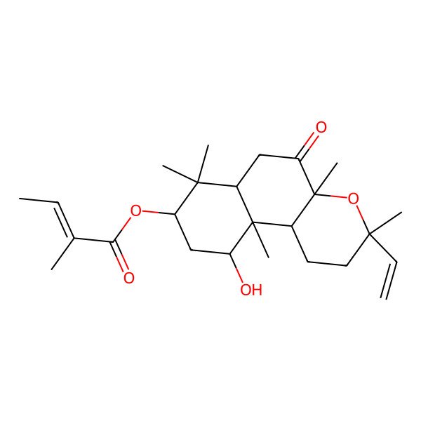 2D Structure of (3-Ethenyl-10-hydroxy-3,4a,7,7,10a-pentamethyl-5-oxo-1,2,6,6a,8,9,10,10b-octahydrobenzo[f]chromen-8-yl) 2-methylbut-2-enoate
