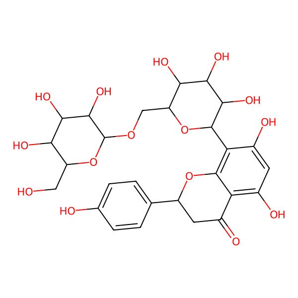 2D Structure of 5,7-dihydroxy-2-(4-hydroxyphenyl)-8-[(2S,3R,4R,5S,6R)-3,4,5-trihydroxy-6-[[(2R,3R,4S,5S,6R)-3,4,5-trihydroxy-6-(hydroxymethyl)oxan-2-yl]oxymethyl]oxan-2-yl]-2,3-dihydrochromen-4-one