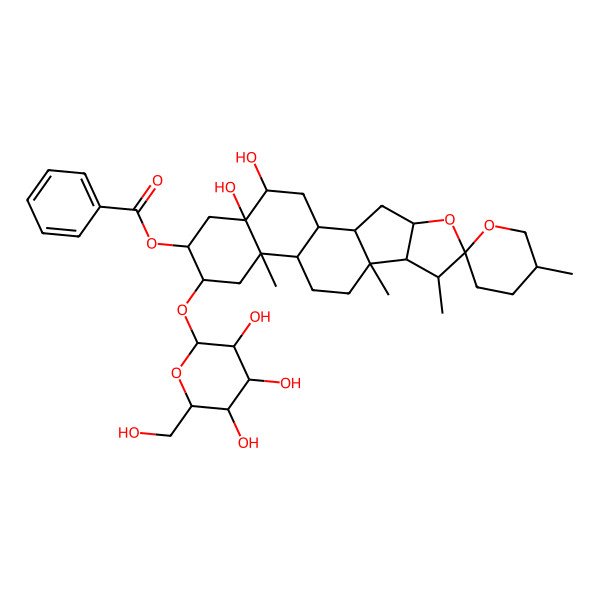 2D Structure of [18,19-Dihydroxy-5',7,9,13-tetramethyl-15-[3,4,5-trihydroxy-6-(hydroxymethyl)oxan-2-yl]oxyspiro[5-oxapentacyclo[10.8.0.02,9.04,8.013,18]icosane-6,2'-oxane]-16-yl] benzoate