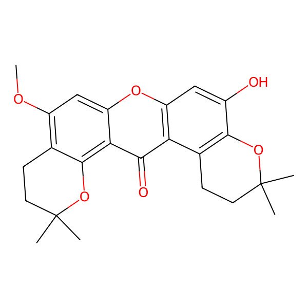 2D Structure of 16-Hydroxy-10-methoxy-6,6,19,19-tetramethyl-5,13,18-trioxapentacyclo[12.8.0.03,12.04,9.017,22]docosa-1(14),3,9,11,15,17(22)-hexaen-2-one