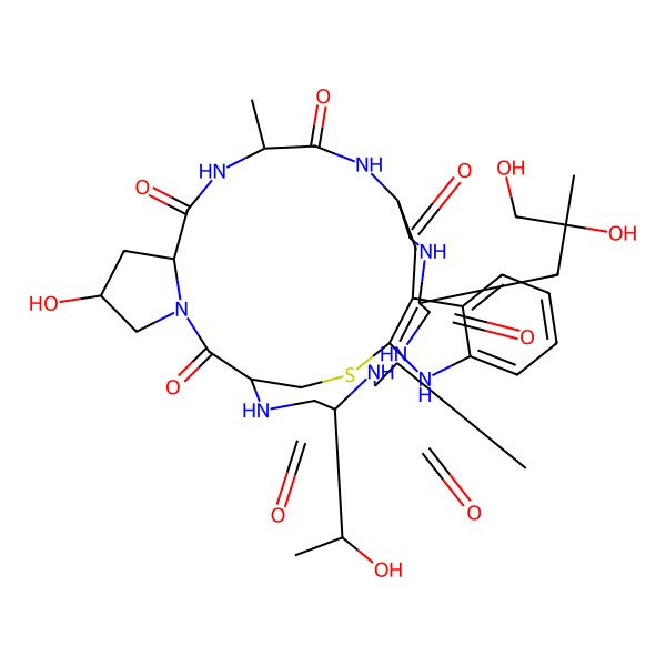 2D Structure of (1R,14S,18R,20R,23S,28R,31R,34S)-28-[(2S)-2,3-dihydroxy-2-methylpropyl]-18-hydroxy-34-[(1S)-1-hydroxyethyl]-23,31-dimethyl-12-thia-10,16,22,25,27,30,33,36-octazapentacyclo[12.11.11.03,11.04,9.016,20]hexatriaconta-3(11),4,6,8-tetraene-15,21,24,26,29,32,35-heptone