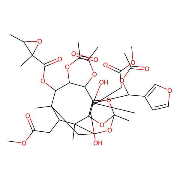 2D Structure of [(1S,2R,3S,4S,5R,6S,7R,12R,13R,15S,16S)-2,3-diacetyloxy-15-[(R)-acetyloxy(furan-3-yl)methyl]-13,16-dihydroxy-6,16-bis(2-methoxy-2-oxoethyl)-5,7,10,15-tetramethyl-9,11,17-trioxapentacyclo[8.6.1.15,8.01,12.07,12]octadecan-4-yl] 2,3-dimethyloxirane-2-carboxylate