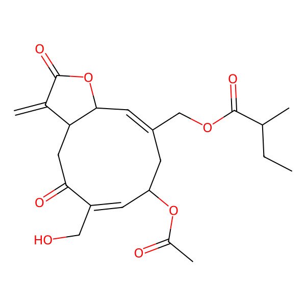 2D Structure of [(3aS,6E,8R,10Z,11aR)-8-acetyloxy-6-(hydroxymethyl)-3-methylidene-2,5-dioxo-4,8,9,11a-tetrahydro-3aH-cyclodeca[b]furan-10-yl]methyl (2R)-2-methylbutanoate
