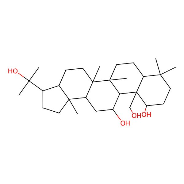 2D Structure of (3S,3aR,5aR,5bR,7aS,11S,11aS,11bS,12R,13aR,13bS)-11a-(hydroxymethyl)-3-(2-hydroxypropan-2-yl)-5a,5b,8,8,13b-pentamethyl-1,2,3,3a,4,5,6,7,7a,9,10,11,11b,12,13,13a-hexadecahydrocyclopenta[a]chrysene-11,12-diol