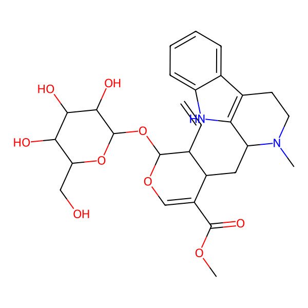 2D Structure of methyl (2S,3R,4S)-3-ethenyl-4-[[(1R)-2-methyl-1,3,4,9-tetrahydropyrido[3,4-b]indol-1-yl]methyl]-2-[(2R,3S,4R,5R,6S)-3,4,5-trihydroxy-6-(hydroxymethyl)oxan-2-yl]oxy-3,4-dihydro-2H-pyran-5-carboxylate