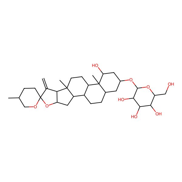 2D Structure of 2-(Hydroxymethyl)-6-(14-hydroxy-5',9,13-trimethyl-7-methylidenespiro[5-oxapentacyclo[10.8.0.02,9.04,8.013,18]icosane-6,2'-oxane]-16-yl)oxyoxane-3,4,5-triol