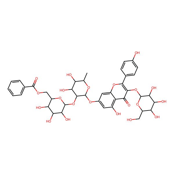 2D Structure of [(2R,3S,4S,5R,6S)-6-[(2S,3R,4R,5R,6S)-4,5-dihydroxy-2-[5-hydroxy-2-(4-hydroxyphenyl)-4-oxo-3-[(2S,3R,4S,5S,6R)-3,4,5-trihydroxy-6-(hydroxymethyl)oxan-2-yl]oxychromen-7-yl]oxy-6-methyloxan-3-yl]oxy-3,4,5-trihydroxyoxan-2-yl]methyl benzoate