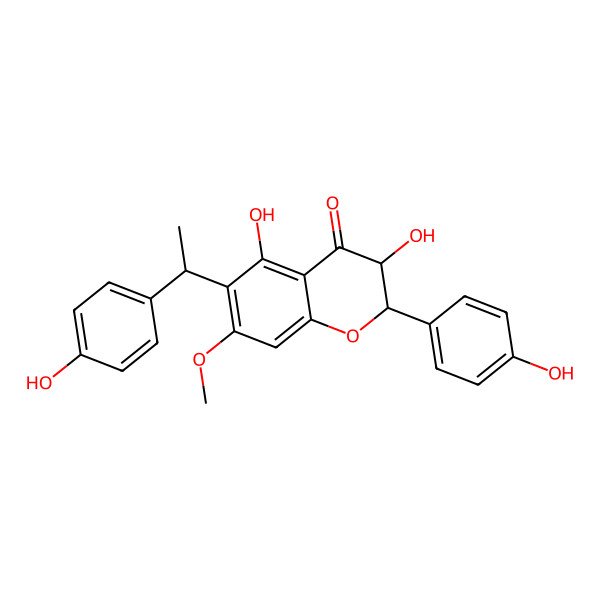 2D Structure of (2R,3R)-3,5-dihydroxy-2-(4-hydroxyphenyl)-6-[(1R)-1-(4-hydroxyphenyl)ethyl]-7-methoxy-2,3-dihydrochromen-4-one
