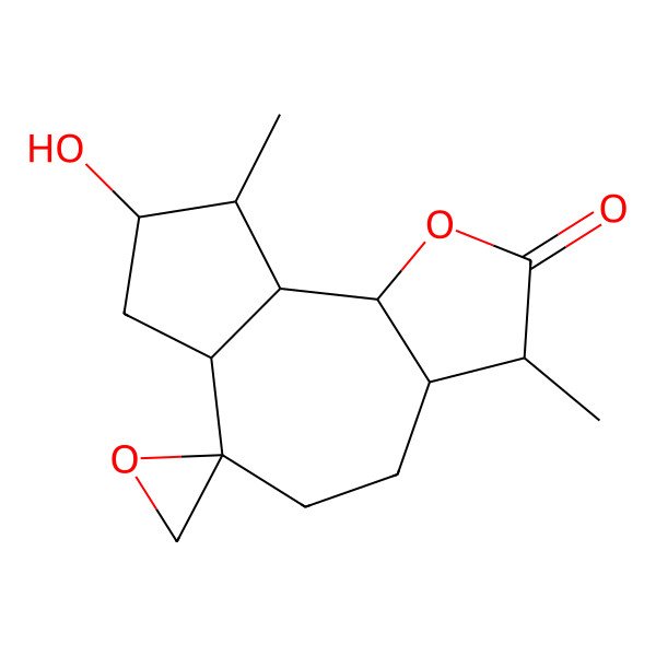 2D Structure of (3S,3aR,6R,6aR,8S,9S,9aS,9bS)-8-hydroxy-3,9-dimethylspiro[3,3a,4,5,6a,7,8,9,9a,9b-decahydroazuleno[4,5-b]furan-6,2'-oxirane]-2-one
