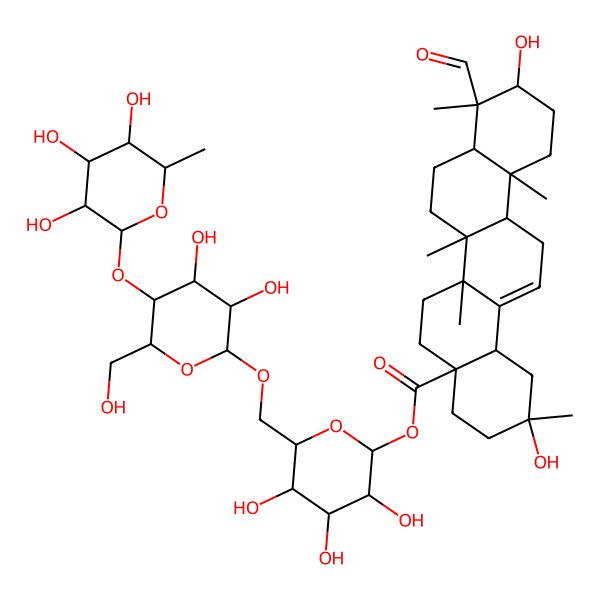 2D Structure of [(2S,3R,4S,5S,6R)-6-[[(2R,3R,4R,5S,6R)-3,4-dihydroxy-6-(hydroxymethyl)-5-[(2S,3R,4R,5R,6S)-3,4,5-trihydroxy-6-methyloxan-2-yl]oxyoxan-2-yl]oxymethyl]-3,4,5-trihydroxyoxan-2-yl] (2R,4aR,6aR,6aS,6bR,8aR,9S,10R,12aR,14bS)-9-formyl-2,10-dihydroxy-2,6a,6b,9,12a-pentamethyl-1,3,4,5,6,6a,7,8,8a,10,11,12,13,14b-tetradecahydropicene-4a-carboxylate