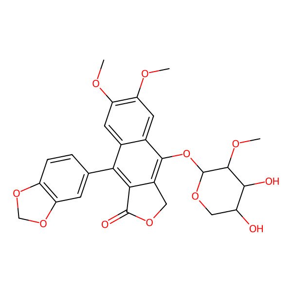 2D Structure of 9-(1,3-benzodioxol-5-yl)-4-[(2R,3S,4S,5R)-4,5-dihydroxy-3-methoxyoxan-2-yl]oxy-6,7-dimethoxy-3H-benzo[f][2]benzofuran-1-one