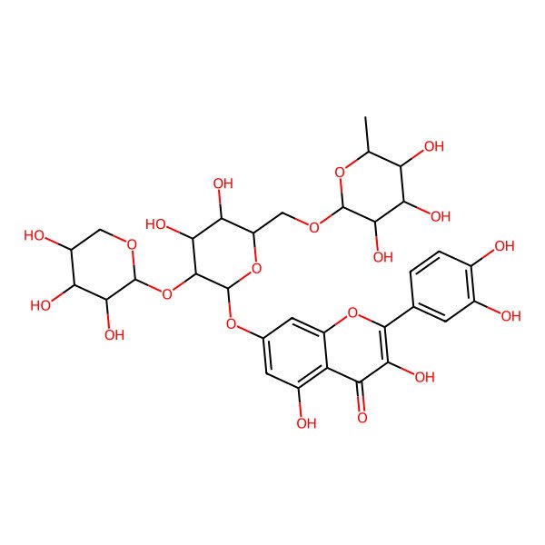 2D Structure of 2-(3,4-dihydroxyphenyl)-7-[(2S,3R,4S,5S,6S)-4,5-dihydroxy-6-[[(2R,3S,4R,5R,6S)-3,4,5-trihydroxy-6-methyloxan-2-yl]oxymethyl]-3-[(2S,3R,4S,5R)-3,4,5-trihydroxyoxan-2-yl]oxyoxan-2-yl]oxy-3,5-dihydroxychromen-4-one