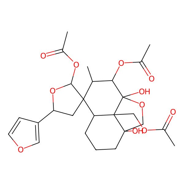 2D Structure of [2',11-Diacetyloxy-5'-(furan-3-yl)-1,4-dihydroxy-10-methylspiro[2-oxatricyclo[6.3.1.04,12]dodecane-9,3'-oxolane]-12-yl]methyl acetate