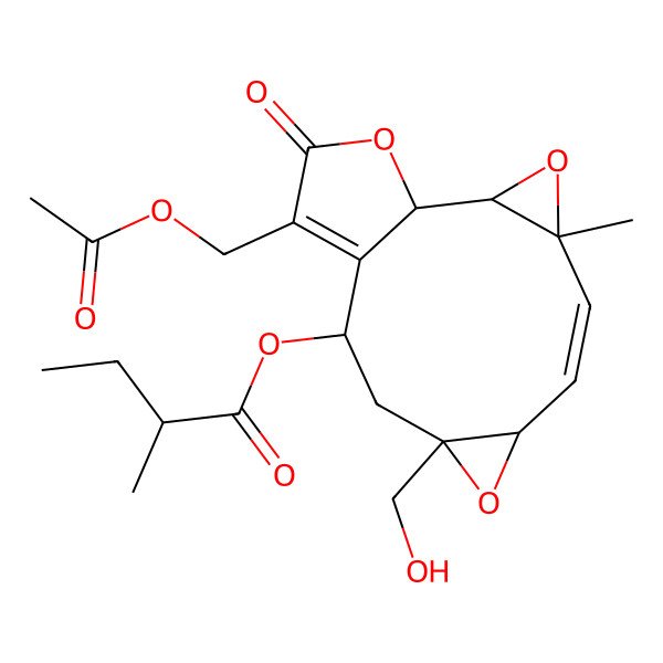 2D Structure of [13-(Acetyloxymethyl)-9-(hydroxymethyl)-4-methyl-14-oxo-3,8,15-trioxatetracyclo[10.3.0.02,4.07,9]pentadeca-5,12-dien-11-yl] 2-methylbutanoate