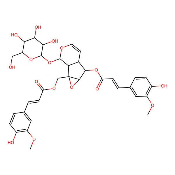 2D Structure of [(1S,2S,4S,5S,6R,10S)-5-[(E)-3-(4-hydroxy-3-methoxyphenyl)prop-2-enoyl]oxy-10-[(2S,3S,5R)-3,4,5-trihydroxy-6-(hydroxymethyl)oxan-2-yl]oxy-3,9-dioxatricyclo[4.4.0.02,4]dec-7-en-2-yl]methyl (E)-3-(4-hydroxy-3-methoxyphenyl)prop-2-enoate