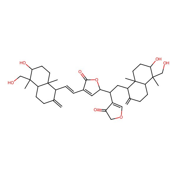 2D Structure of (2S)-4-[(E)-2-[(1S,4aS,5R,6R,8aS)-6-hydroxy-5-(hydroxymethyl)-5,8a-dimethyl-2-methylidene-3,4,4a,6,7,8-hexahydro-1H-naphthalen-1-yl]ethenyl]-2-[(1S)-2-[(1S,4aR,5S,6R,8aS)-6-hydroxy-5-(hydroxymethyl)-5,8a-dimethyl-2-methylidene-3,4,4a,6,7,8-hexahydro-1H-naphthalen-1-yl]-1-(4-oxofuran-3-yl)ethyl]-2H-furan-5-one