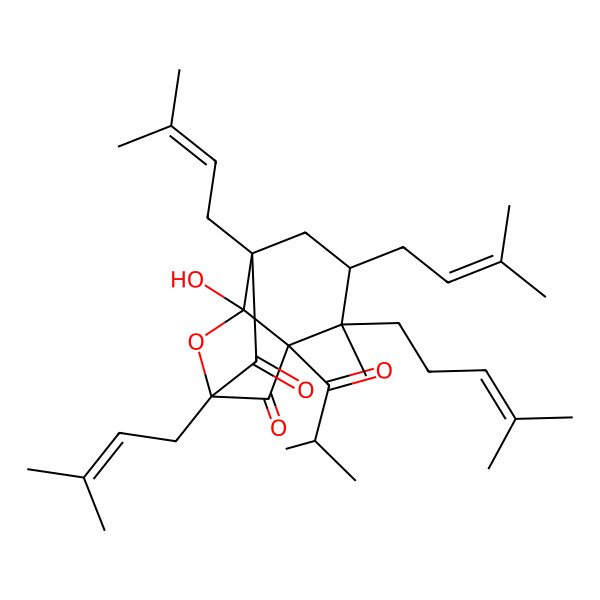 2D Structure of 8-Hydroxy-4-methyl-1,5,7-tris(3-methylbut-2-enyl)-4-(4-methylpent-3-enyl)-3-(2-methylpropanoyl)-9-oxatricyclo[5.2.1.03,8]decane-2,10-dione