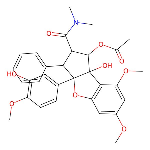 2D Structure of [(1S,2S,3S,3aR,8bS)-2-(dimethylcarbamoyl)-8b-hydroxy-3a-(3-hydroxy-4-methoxyphenyl)-6,8-dimethoxy-3-phenyl-2,3-dihydro-1H-cyclopenta[b][1]benzofuran-1-yl] acetate