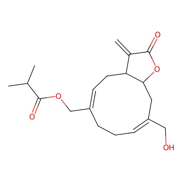 2D Structure of [10-(Hydroxymethyl)-3-methylidene-2-oxo-3a,4,7,8,11,11a-hexahydrocyclodeca[b]furan-6-yl]methyl 2-methylpropanoate