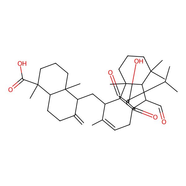 2D Structure of (1R,4aR,5S,8aR)-5-[[(1R,2S,7S,8R,9S,13S)-8-formyl-15-hydroxy-2,6,6,12-tetramethyl-14,17-dioxo-16-propan-2-yl-13-tetracyclo[7.4.4.01,9.02,7]heptadeca-11,15-dienyl]methyl]-1,4a-dimethyl-6-methylidene-3,4,5,7,8,8a-hexahydro-2H-naphthalene-1-carboxylic acid