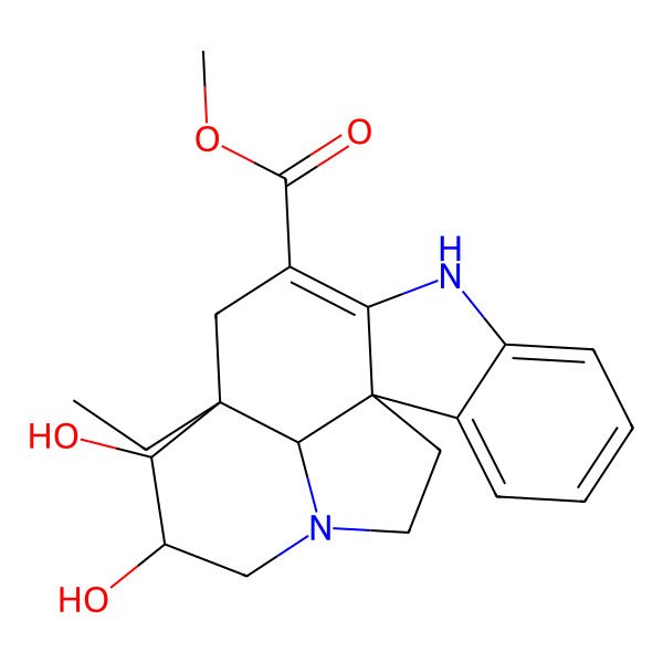 2D Structure of methyl (1R,12S,13S,14R,19R)-12-ethyl-13,14-dihydroxy-8,16-diazapentacyclo[10.6.1.01,9.02,7.016,19]nonadeca-2,4,6,9-tetraene-10-carboxylate