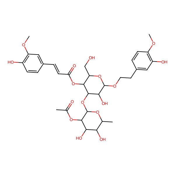 2D Structure of [4-(3-Acetyloxy-4,5-dihydroxy-6-methyloxan-2-yl)oxy-5-hydroxy-6-[2-(3-hydroxy-4-methoxyphenyl)ethoxy]-2-(hydroxymethyl)oxan-3-yl] 3-(4-hydroxy-3-methoxyphenyl)prop-2-enoate