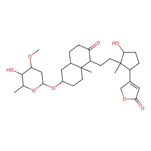 2D Structure of 3-[3-hydroxy-2-[2-[6-(5-hydroxy-4-methoxy-6-methyloxan-2-yl)oxy-8a-methyl-2-oxo-1,3,4,4a,5,6,7,8-octahydronaphthalen-1-yl]ethyl]-2-methylcyclopentyl]-2H-furan-5-one