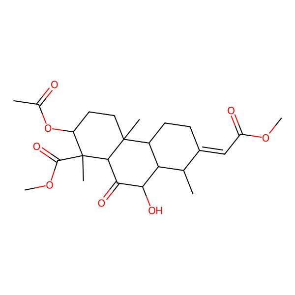 2D Structure of methyl (1R,2S,4aR,4bS,8R,8aS,9R,10aR)-2-acetyloxy-9-hydroxy-7-(2-methoxy-2-oxoethylidene)-1,4a,8-trimethyl-10-oxo-2,3,4,4b,5,6,8,8a,9,10a-decahydrophenanthrene-1-carboxylate