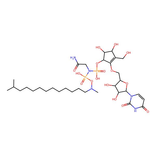2D Structure of N-(2-amino-2-oxoethyl)-[(1R,4R,5S)-2-[[(2S,3S,4R,5S)-5-(2,4-dioxopyrimidin-1-yl)-3,4-dihydroxyoxolan-2-yl]methoxy]-4,5-dihydroxy-3-(hydroxymethyl)cyclopent-2-en-1-yl]oxy-N-[hydroxy-[methyl(12-methyltridecyl)amino]oxyphosphoryl]phosphonamidic acid