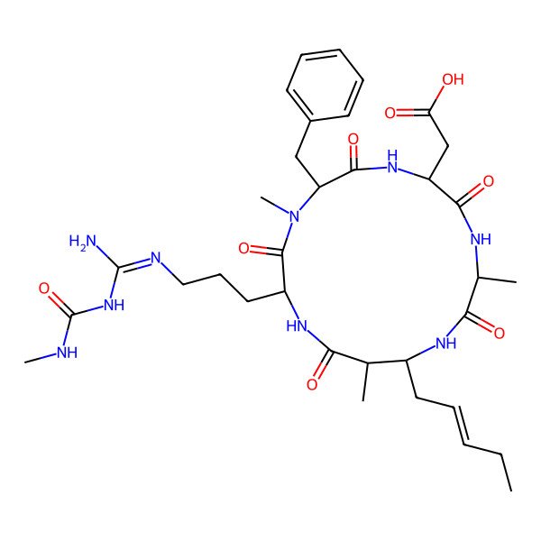 2D Structure of 2-[(3S,6S,12S)-12-[3-[[amino-(methylcarbamoylamino)methylidene]amino]propyl]-9-benzyl-3,10,15-trimethyl-2,5,8,11,14-pentaoxo-16-[(E)-pent-2-enyl]-1,4,7,10,13-pentazacyclohexadec-6-yl]acetic acid
