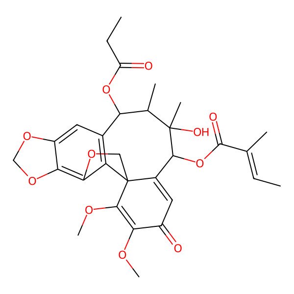 2D Structure of [(1S,12R,13S,14S,15S)-14-hydroxy-19,20-dimethoxy-13,14-dimethyl-18-oxo-12-propanoyloxy-3,6,8-trioxapentacyclo[9.9.1.01,16.04,21.05,9]henicosa-4(21),5(9),10,16,19-pentaen-15-yl] (Z)-2-methylbut-2-enoate
