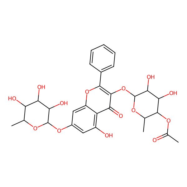 2D Structure of [(2S,3R,4S,5R,6S)-4,5-dihydroxy-6-[5-hydroxy-4-oxo-2-phenyl-7-[(2S,3R,4R,5R,6S)-3,4,5-trihydroxy-6-methyloxan-2-yl]oxychromen-3-yl]oxy-2-methyloxan-3-yl] acetate