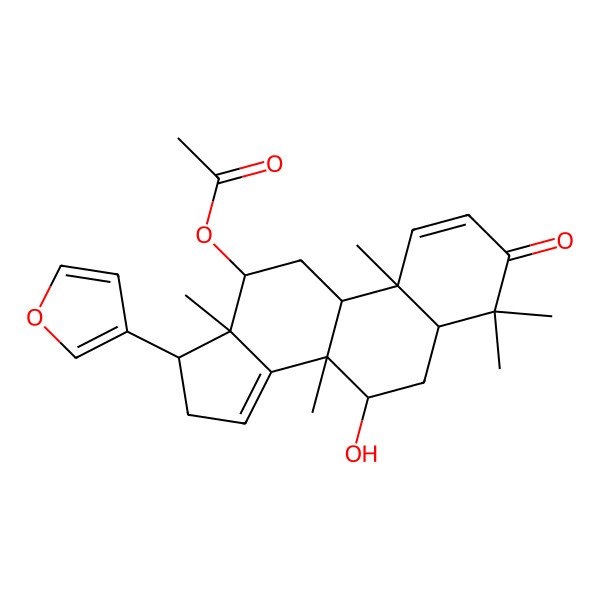 2D Structure of [(5R,7R,8R,9R,10R,12S,13S,17S)-17-(furan-3-yl)-7-hydroxy-4,4,8,10,13-pentamethyl-3-oxo-5,6,7,9,11,12,16,17-octahydrocyclopenta[a]phenanthren-12-yl] acetate