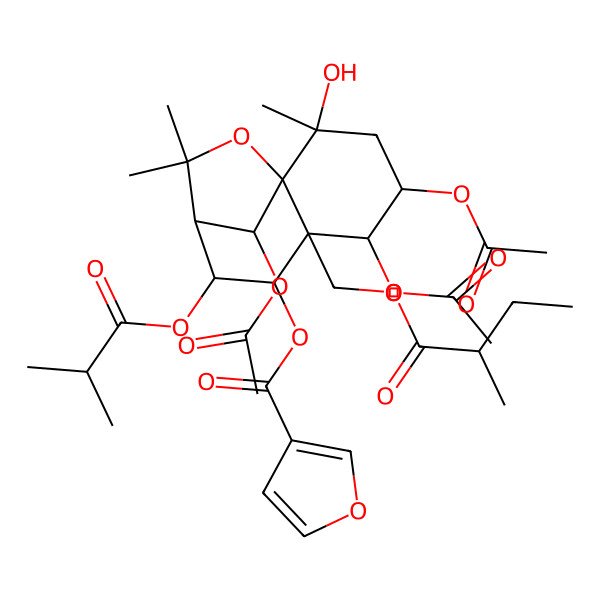 2D Structure of [4,5,12-Triacetyloxy-2-hydroxy-2,10,10-trimethyl-6-(2-methylbutanoyloxymethyl)-8-(2-methylpropanoyloxy)-11-oxatricyclo[7.2.1.01,6]dodecan-7-yl] furan-3-carboxylate