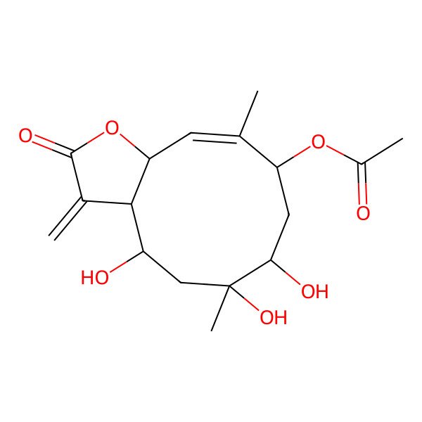 2D Structure of (4,6,7-trihydroxy-6,10-dimethyl-3-methylidene-2-oxo-4,5,7,8,9,11a-hexahydro-3aH-cyclodeca[b]furan-9-yl) acetate