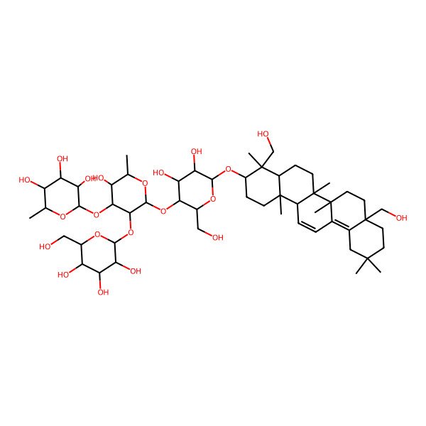 2D Structure of (2S,3R,4R,5R,6S)-2-[(2S,3R,4S,5S,6R)-2-[(2R,3S,4R,5R,6R)-6-[[(3S,4R,4aR,6aR,6bS,8aS,14aR,14bS)-4,8a-bis(hydroxymethyl)-4,6a,6b,11,11,14b-hexamethyl-1,2,3,4a,5,6,7,8,9,10,12,14a-dodecahydropicen-3-yl]oxy]-4,5-dihydroxy-2-(hydroxymethyl)oxan-3-yl]oxy-5-hydroxy-6-methyl-3-[(2S,3R,4S,5S,6R)-3,4,5-trihydroxy-6-(hydroxymethyl)oxan-2-yl]oxyoxan-4-yl]oxy-6-methyloxane-3,4,5-triol