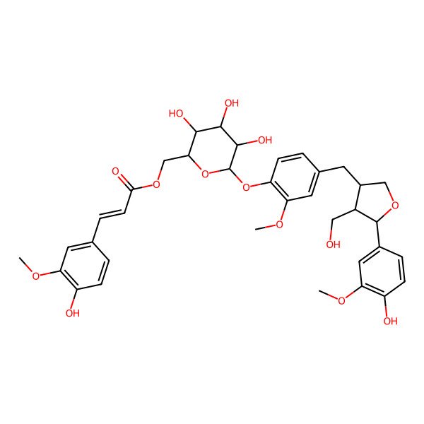 2D Structure of [(2R,3S,4S,5R,6S)-3,4,5-trihydroxy-6-[4-[[(3R,4R,5S)-5-(4-hydroxy-3-methoxyphenyl)-4-(hydroxymethyl)oxolan-3-yl]methyl]-2-methoxyphenoxy]oxan-2-yl]methyl (E)-3-(4-hydroxy-3-methoxyphenyl)prop-2-enoate