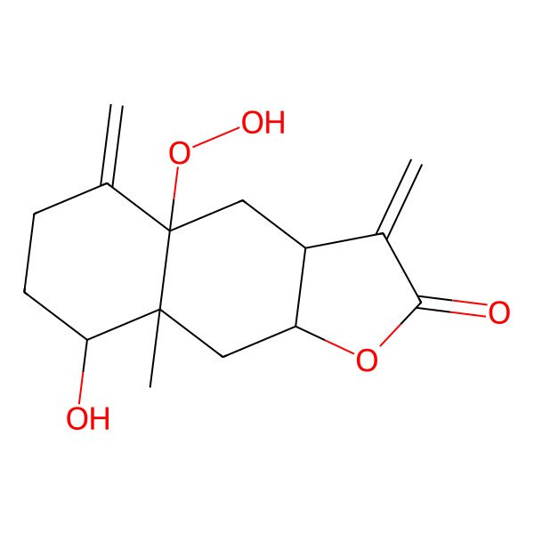 2D Structure of 4a-hydroperoxy-8-hydroxy-8a-methyl-3,5-dimethylidene-4,6,7,8,9,9a-hexahydro-3aH-benzo[f][1]benzofuran-2-one