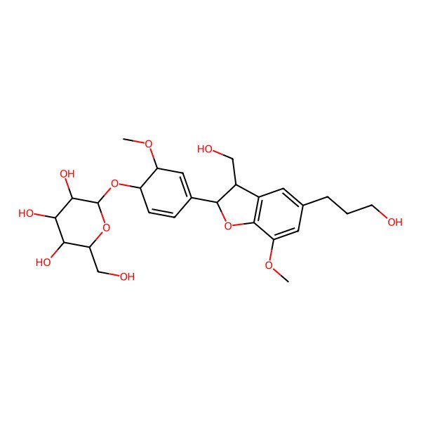 2D Structure of (2R,3S,4S,5R,6R)-2-(hydroxymethyl)-6-[(1R,6R)-4-[(2S,3R)-3-(hydroxymethyl)-5-(3-hydroxypropyl)-7-methoxy-2,3-dihydro-1-benzofuran-2-yl]-6-methoxycyclohexa-2,4-dien-1-yl]oxyoxane-3,4,5-triol