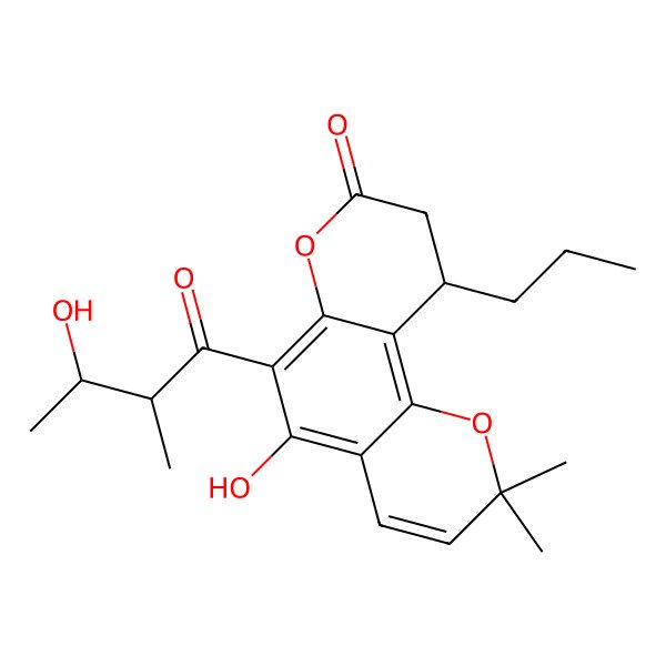 2D Structure of (10R)-5-hydroxy-6-[(2R,3S)-3-hydroxy-2-methylbutanoyl]-2,2-dimethyl-10-propyl-9,10-dihydropyrano[2,3-f]chromen-8-one