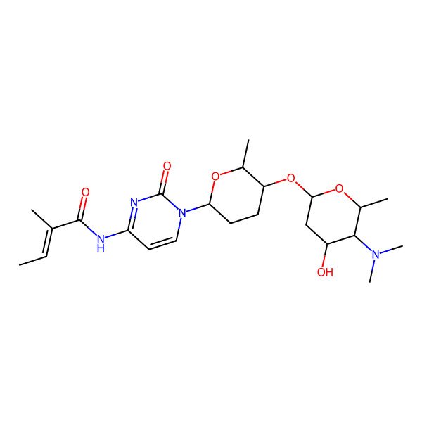 2D Structure of (E)-N-[1-[(2R,5S,6R)-5-[(4S,5S,6R)-5-(dimethylamino)-4-hydroxy-6-methyloxan-2-yl]oxy-6-methyloxan-2-yl]-2-oxopyrimidin-4-yl]-2-methylbut-2-enamide