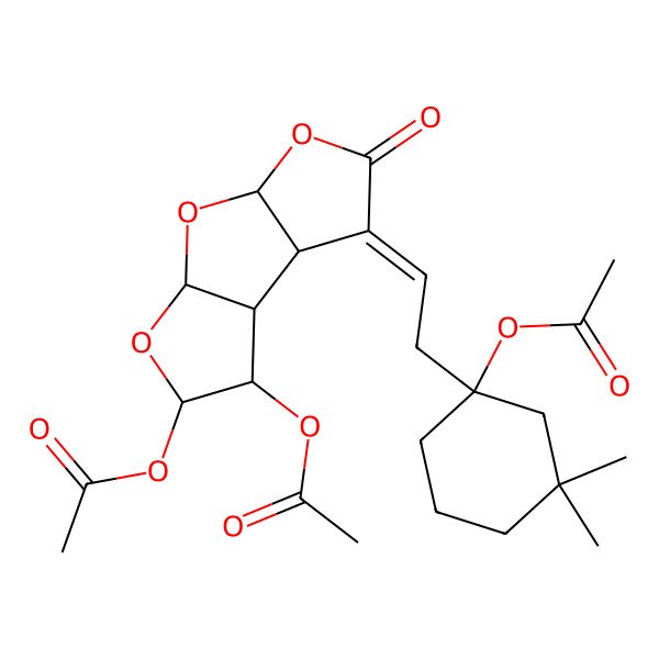2D Structure of [(1R,2S,3S,4R,6S,8S,11E)-4-acetyloxy-11-[2-[(1R)-1-acetyloxy-3,3-dimethylcyclohexyl]ethylidene]-10-oxo-5,7,9-trioxatricyclo[6.3.0.02,6]undecan-3-yl] acetate