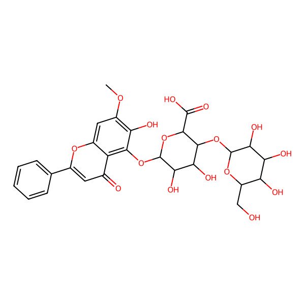 2D Structure of 4,5-Dihydroxy-6-(6-hydroxy-7-methoxy-4-oxo-2-phenylchromen-5-yl)oxy-3-[3,4,5-trihydroxy-6-(hydroxymethyl)oxan-2-yl]oxyoxane-2-carboxylic acid