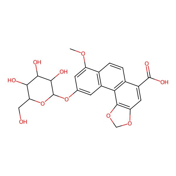 2D Structure of 8-methoxy-10-[(2S,3R,4S,5S,6R)-3,4,5-trihydroxy-6-(hydroxymethyl)oxan-2-yl]oxynaphtho[2,1-g][1,3]benzodioxole-5-carboxylic acid