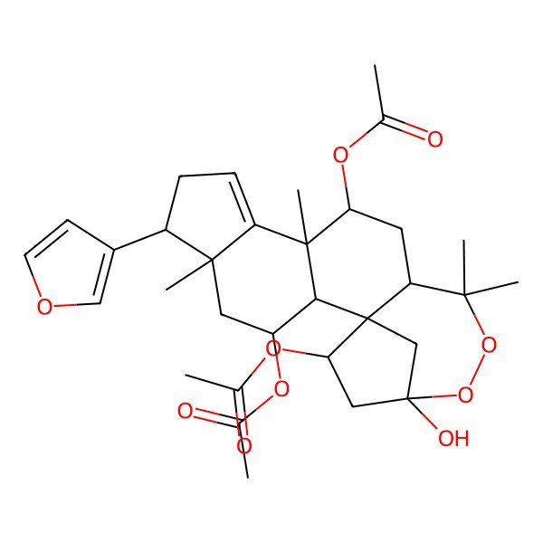 2D Structure of [(1R,2R,3S,5S,6R,10R,11R,13R,17S,19S)-3,19-diacetyloxy-6-(furan-3-yl)-17-hydroxy-5,10,14,14-tetramethyl-15,16-dioxapentacyclo[15.2.1.01,13.02,10.05,9]icos-8-en-11-yl] acetate