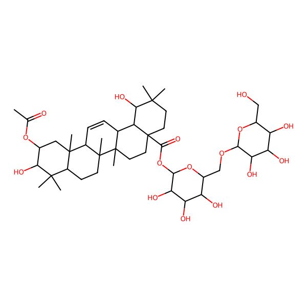 2D Structure of [3,4,5-Trihydroxy-6-[[3,4,5-trihydroxy-6-(hydroxymethyl)oxan-2-yl]oxymethyl]oxan-2-yl] 11-acetyloxy-1,10-dihydroxy-2,2,6a,6b,9,9,12a-heptamethyl-1,3,4,5,6,6a,7,8,8a,10,11,12,14a,14b-tetradecahydropicene-4a-carboxylate