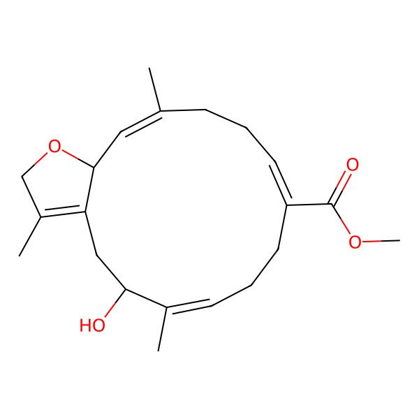 2D Structure of methyl (5S,6E,10Z,14E,15aS)-5-hydroxy-3,6,14-trimethyl-2,4,5,8,9,12,13,15a-octahydrocyclotetradeca[b]furan-10-carboxylate