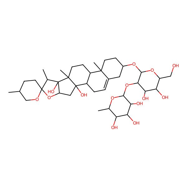 2D Structure of (2S,3R,4R,5R,6S)-2-[(2R,3R,4S,5S,6R)-2-[(1R,2R,4S,5'R,6R,7S,8S,9S,12R,13R,16S)-2,8-dihydroxy-5',7,9,13-tetramethylspiro[5-oxapentacyclo[10.8.0.02,9.04,8.013,18]icos-18-ene-6,2'-oxane]-16-yl]oxy-4,5-dihydroxy-6-(hydroxymethyl)oxan-3-yl]oxy-6-methyloxane-3,4,5-triol