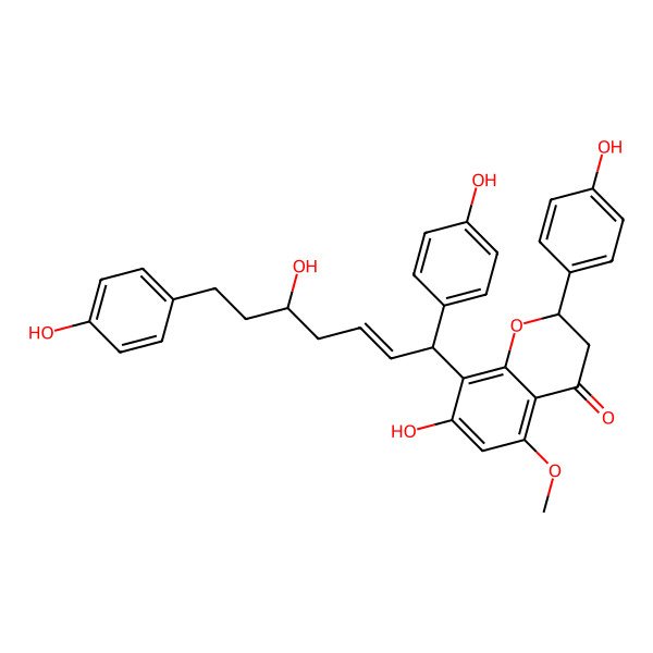 2D Structure of (2S)-7-hydroxy-8-[(E,1R,5S)-5-hydroxy-1,7-bis(4-hydroxyphenyl)hept-2-enyl]-2-(4-hydroxyphenyl)-5-methoxy-2,3-dihydrochromen-4-one