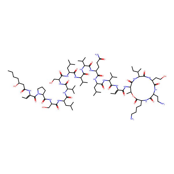 2D Structure of (2R)-N-[(2R)-1-[[(2S)-1-[[(Z)-1-[[(3R,6R,9S,12S,15S,16R)-3-(4-aminobutyl)-6-(2-aminoethyl)-12-[(2S)-butan-2-yl]-9-(2-hydroxyethyl)-16-methyl-2,5,8,11,14-pentaoxo-1-oxa-4,7,10,13-tetrazacyclohexadec-15-yl]amino]-1-oxobut-2-en-2-yl]amino]-3-methyl-1-oxobutan-2-yl]amino]-4-methyl-1-oxopentan-2-yl]-2-[[(2R)-2-[[(2S)-2-[[(2R)-2-[[(2S)-3-hydroxy-2-[[(2R)-2-[[(2S)-2-[[(2R)-3-hydroxy-2-[[(2S)-1-[(Z)-2-[[(3S)-3-hydroxyheptanoyl]amino]but-2-enoyl]pyrrolidine-2-carbonyl]amino]propanoyl]amino]-4-methylpentanoyl]amino]-3-methylbutanoyl]amino]propanoyl]amino]-4-methylpentanoyl]amino]-3-methylbutanoyl]amino]-3-methylbutanoyl]amino]pentanediamide